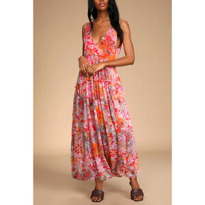 Free People Juliana Tiered Abstract Floral Maxi Dress S Pullover Pockets Casual